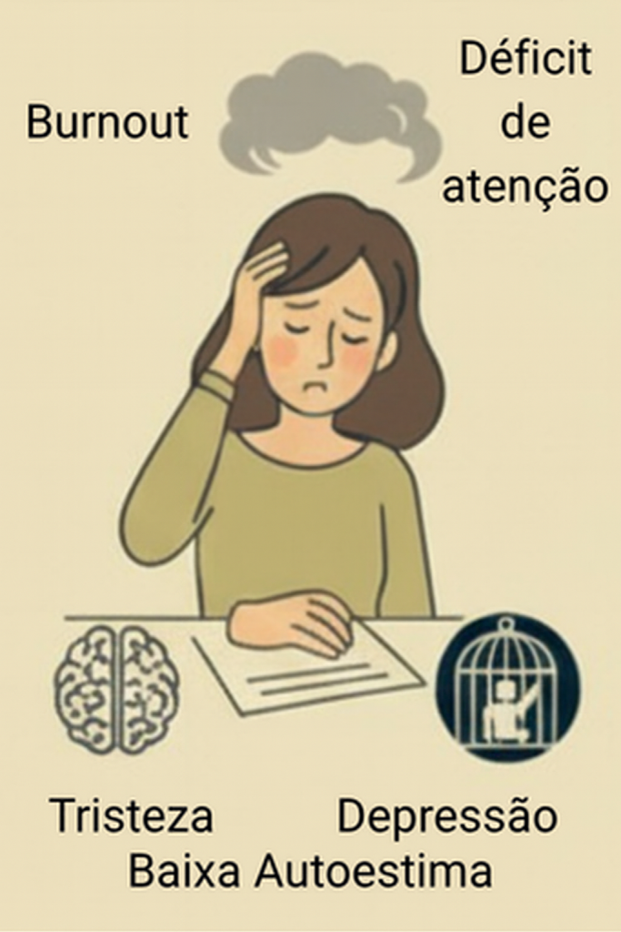 Burnout, deficit de atenção, tristeza, depressão, baixa autoestima